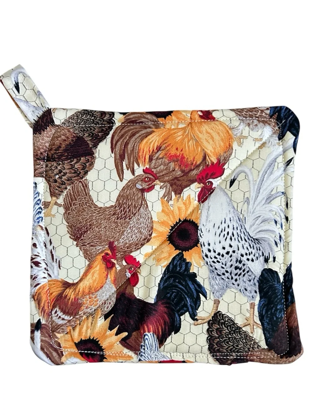 Hand Crafted Farmhouse Rooster & Sunflower Potholder Set Fabric Hot Mat Trivet